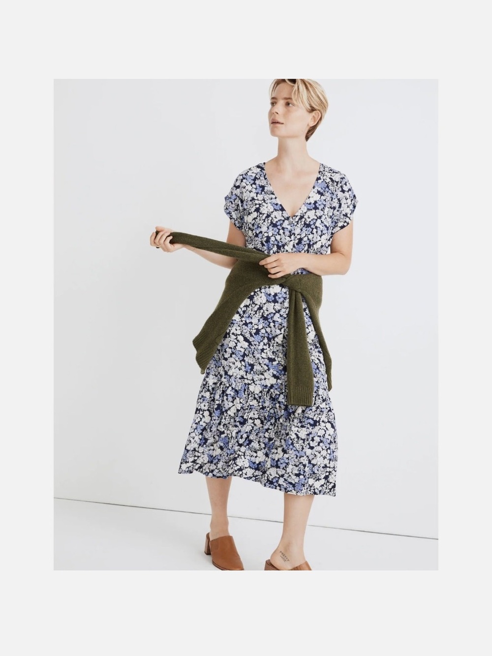 MADEWELL Button-Front Ruffle-Hem Midi Dress in Flower Garden Blue
